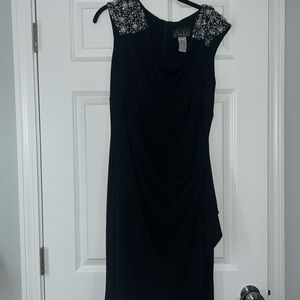 Midi Black Bejeweled Cap Sleeve Cowl Neck Dress | Size 14